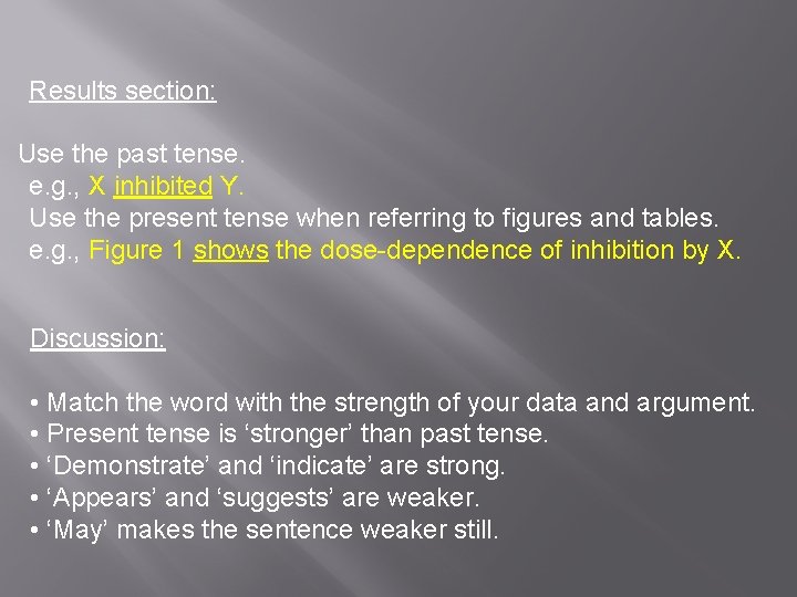 Results section: Use the past tense. e. g. , X inhibited Y. Use the
