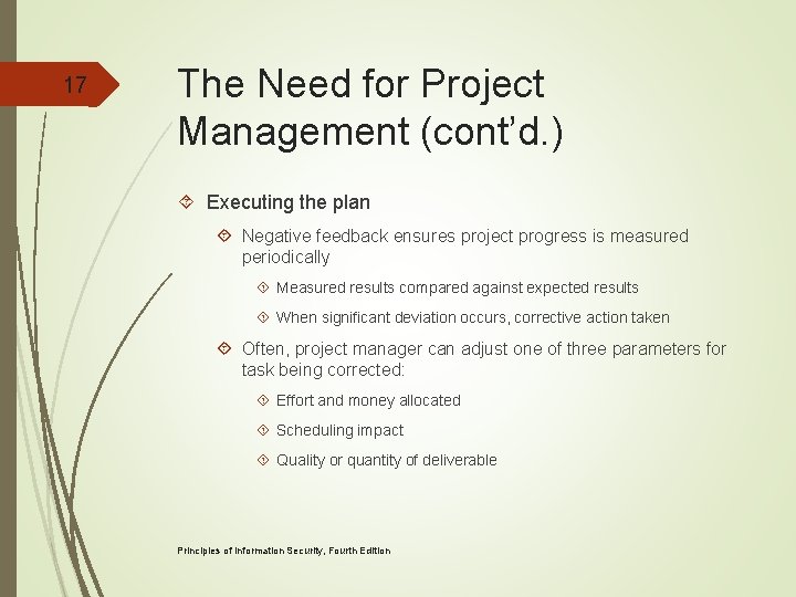 17 The Need for Project Management (cont’d. ) Executing the plan Negative feedback ensures