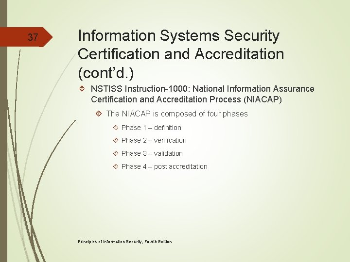 37 Information Systems Security Certification and Accreditation (cont’d. ) NSTISS Instruction-1000: National Information Assurance