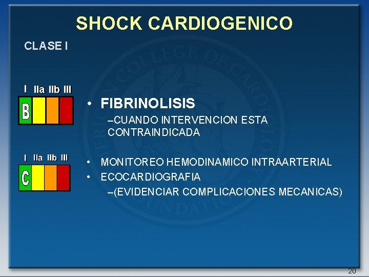 SHOCK CARDIOGENICO CLASE I I IIa IIb III • FIBRINOLISIS –CUANDO INTERVENCION ESTA CONTRAINDICADA