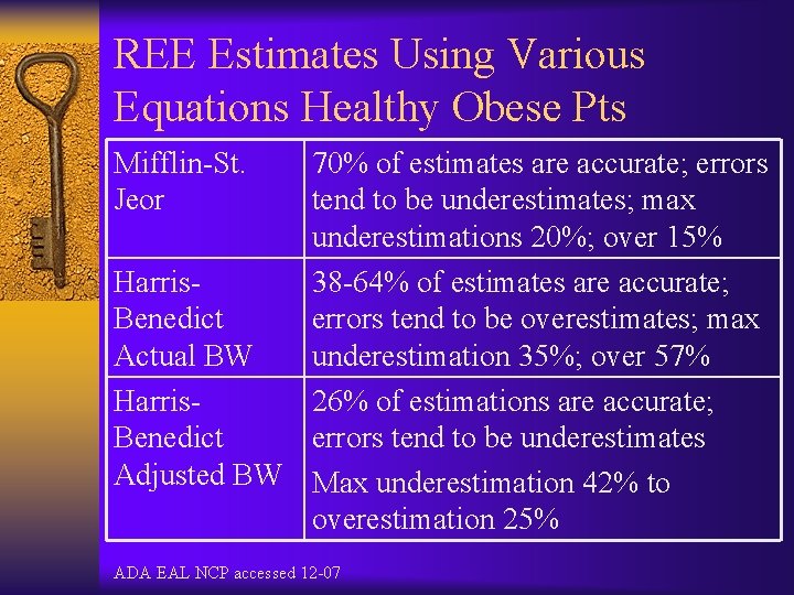 REE Estimates Using Various Equations Healthy Obese Pts Mifflin-St. Jeor 70% of estimates are