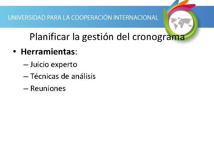 Planificar la gestión del cronograma • Herramientas: – Juicio experto – Técnicas de análisis