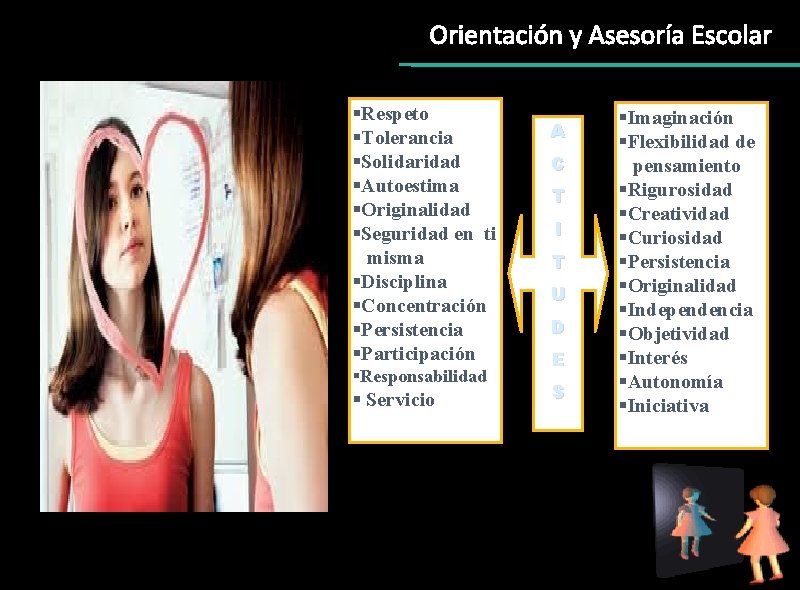Orientación y Asesoría Escolar §Respeto §Tolerancia §Solidaridad §Autoestima §Originalidad §Seguridad en ti misma §Disciplina Orientación y Asesoría Escolar §Respeto §Tolerancia §Solidaridad §Autoestima §Originalidad §Seguridad en ti misma §Disciplina
