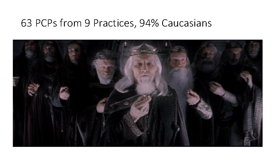 63 PCPs from 9 Practices, 94% Caucasians 