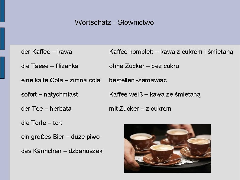 Wortschatz - Słownictwo der Kaffee – kawa Kaffee komplett – kawa z cukrem i