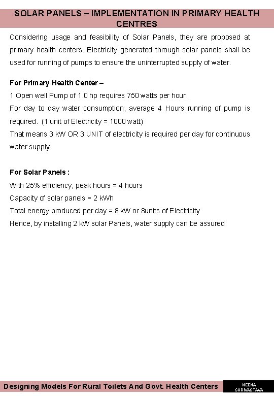 SOLAR PANELS – IMPLEMENTATION IN PRIMARY HEALTH CENTRES Considering usage and feasibility of Solar SOLAR PANELS – IMPLEMENTATION IN PRIMARY HEALTH CENTRES Considering usage and feasibility of Solar
