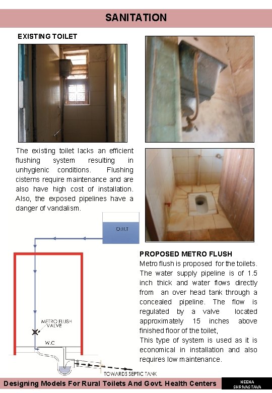 SANITATION EXISTING TOILET The existing toilet lacks an efficient flushing system resulting in unhygienic SANITATION EXISTING TOILET The existing toilet lacks an efficient flushing system resulting in unhygienic