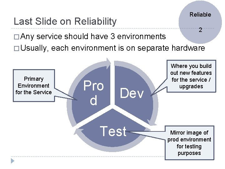 Reliable Last Slide on Reliability 2 � Any service should have 3 environments �