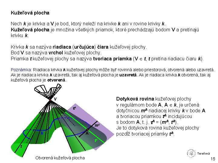 Kužeľová plocha Nech k je krivka a V je bod, ktorý neleží na krivke