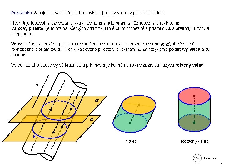 Poznámka: S pojmom valcová plocha súvisia aj pojmy valcový priestor a valec: Nech k