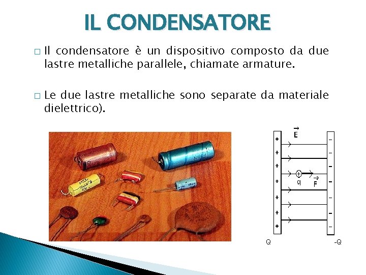 IL CONDENSATORE � � Il condensatore è un dispositivo composto da due lastre metalliche