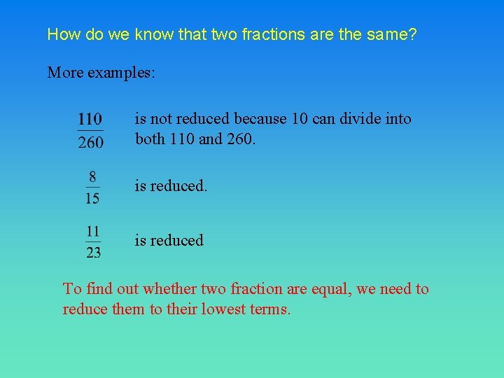 How do we know that two fractions are the same? More examples: is not