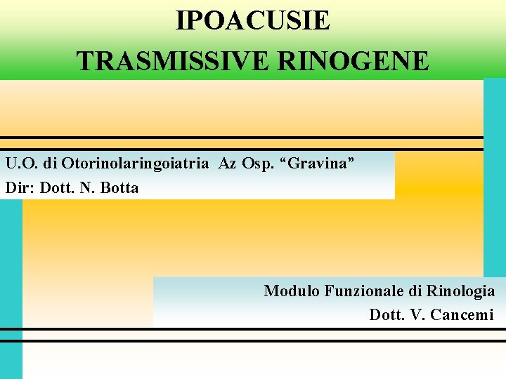 IPOACUSIE TRASMISSIVE RINOGENE U. O. di Otorinolaringoiatria Az Osp. “Gravina” Dir: Dott. N. Botta