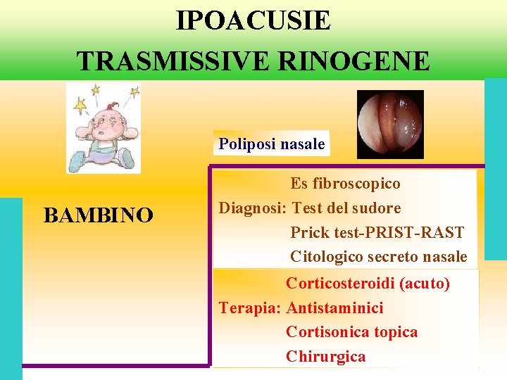 IPOACUSIE TRASMISSIVE RINOGENE Poliposi nasale BAMBINO Es fibroscopico Diagnosi: Test del sudore Prick test-PRIST-RAST