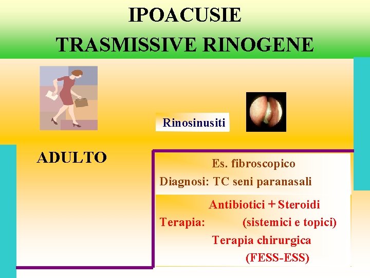 IPOACUSIE TRASMISSIVE RINOGENE Rinosinusiti ADULTO Es. fibroscopico Diagnosi: TC seni paranasali Antibiotici + Steroidi