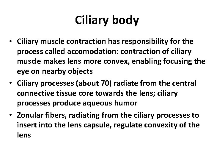 Ciliary body • Ciliary muscle contraction has responsibility for the process called accomodation: contraction