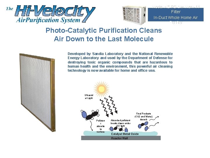 Model HE PS c/w Merv-11 Filter In-Duct Whole Home Air Purifier Photo-Catalytic Purification Cleans