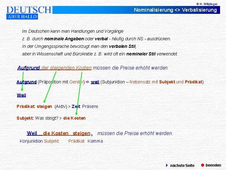 © H. Witzlinger Nominalisierung <> Verbalisierung Im Deutschen kann man Handlungen und Vorgänge z.