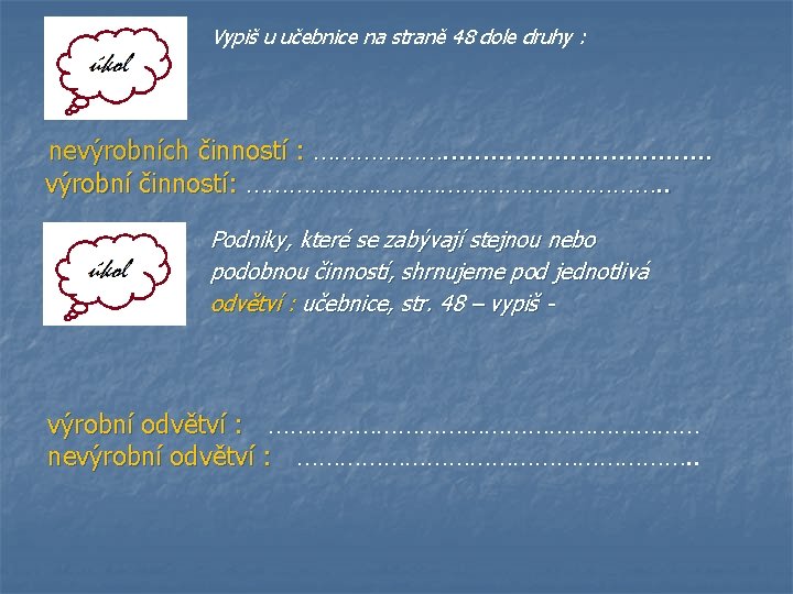 Vypiš u učebnice na straně 48 dole druhy : nevýrobních činností : ………………. .