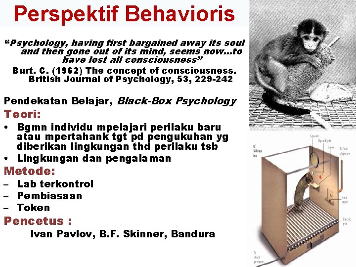 Perspektif Behavioris “Psychology, having first bargained away its soul and then gone out of