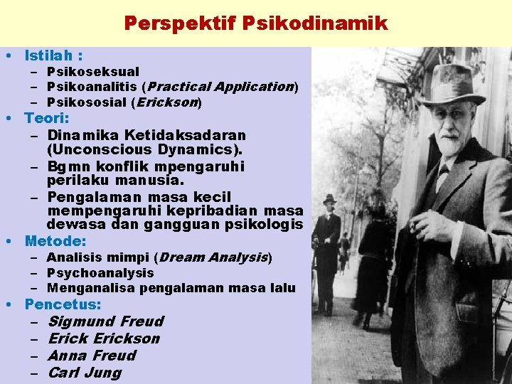 Perspektif Psikodinamik • Istilah : – Psikoseksual – Psikoanalitis (Practical Application) – Psikososial (Erickson)