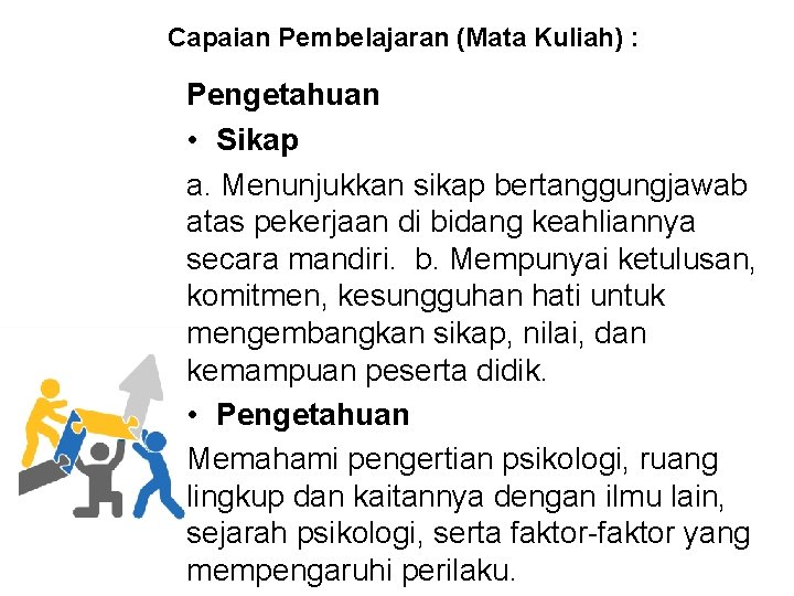 Capaian Pembelajaran (Mata Kuliah) : Pengetahuan • Sikap a. Menunjukkan sikap bertanggungjawab atas pekerjaan