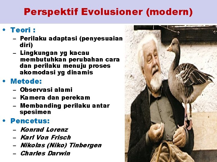 Perspektif Evolusioner (modern) • Teori : – Perilaku adaptasi (penyesuaian diri) – Lingkungan yg