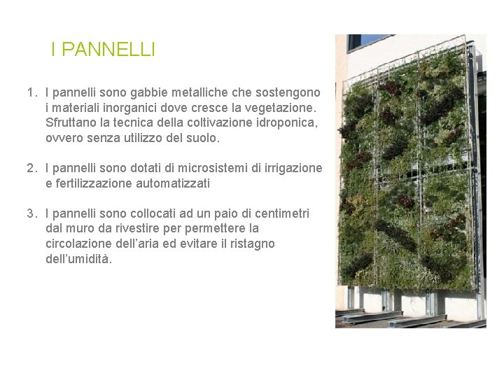 I PANNELLI 1. I pannelli sono gabbie metalliche sostengono i materiali inorganici dove cresce