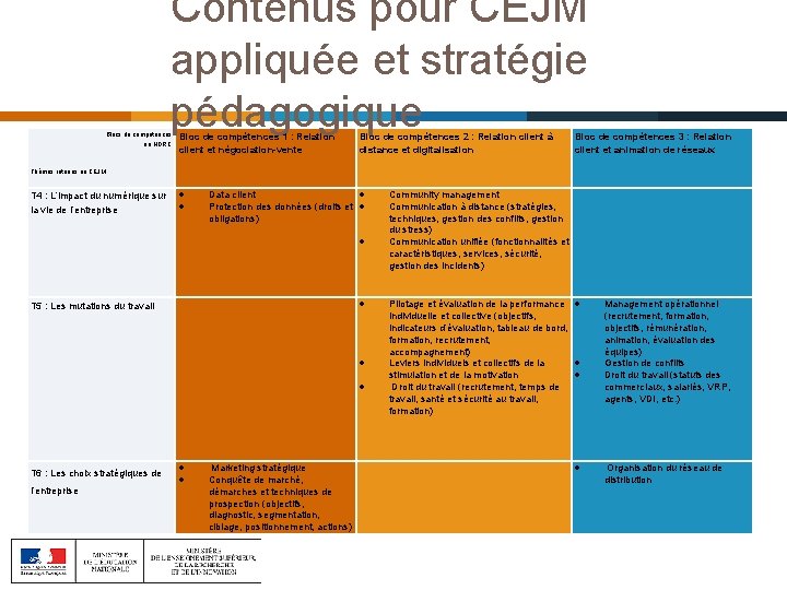 Contenus pour CEJM appliquée et stratégie pédagogique Blocs de compétences en NDRC Thèmes retenus Contenus pour CEJM appliquée et stratégie pédagogique Blocs de compétences en NDRC Thèmes retenus