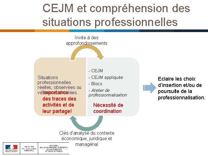 CEJM et compréhension des situations professionnelles Invite à des approfondissements Situations professionnelles réelles, observées CEJM et compréhension des situations professionnelles Invite à des approfondissements Situations professionnelles réelles, observées