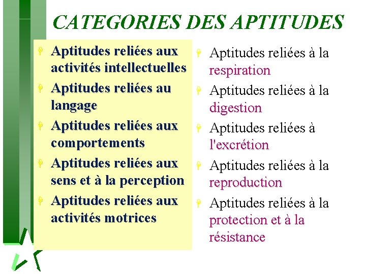 CATEGORIES DES APTITUDES H H H Aptitudes reliées aux activités intellectuelles Aptitudes reliées au