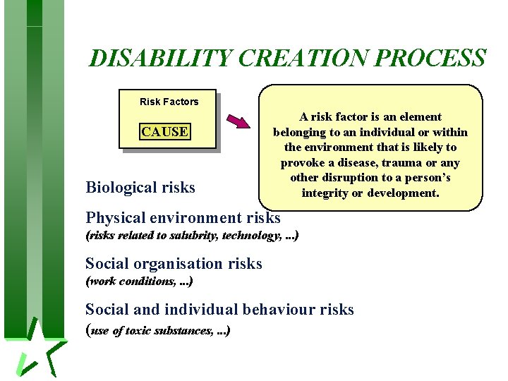 DISABILITY CREATION PROCESS Risk Factors CAUSE Biological risks A risk factor is an element