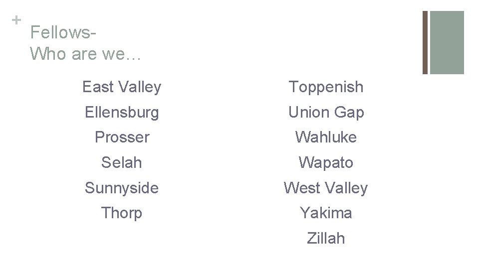 + Fellows. Who are we… East Valley Toppenish Ellensburg Union Gap Prosser Wahluke Selah