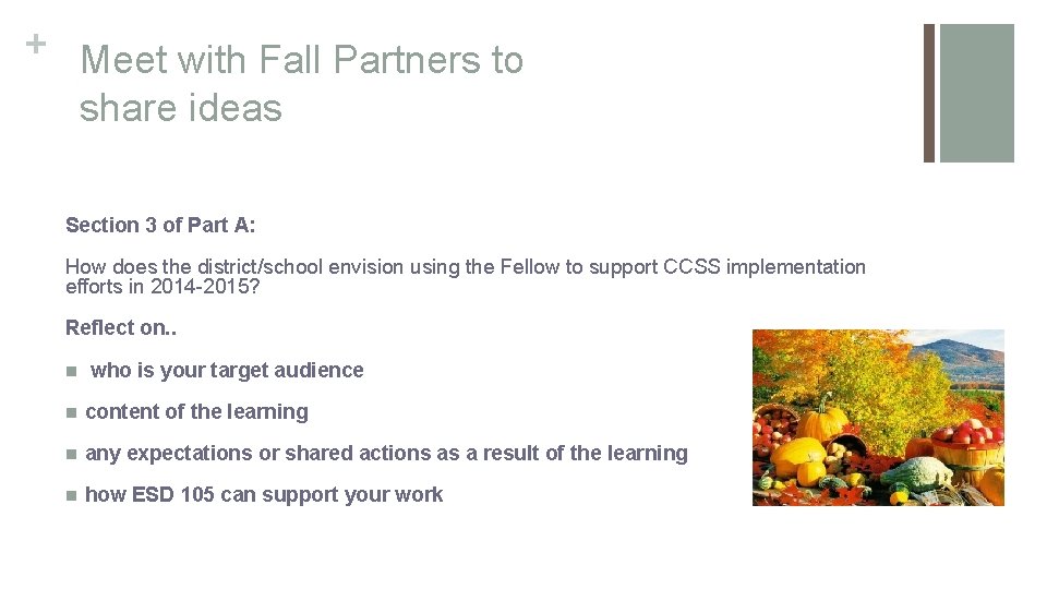 + Meet with Fall Partners to share ideas Section 3 of Part A: How