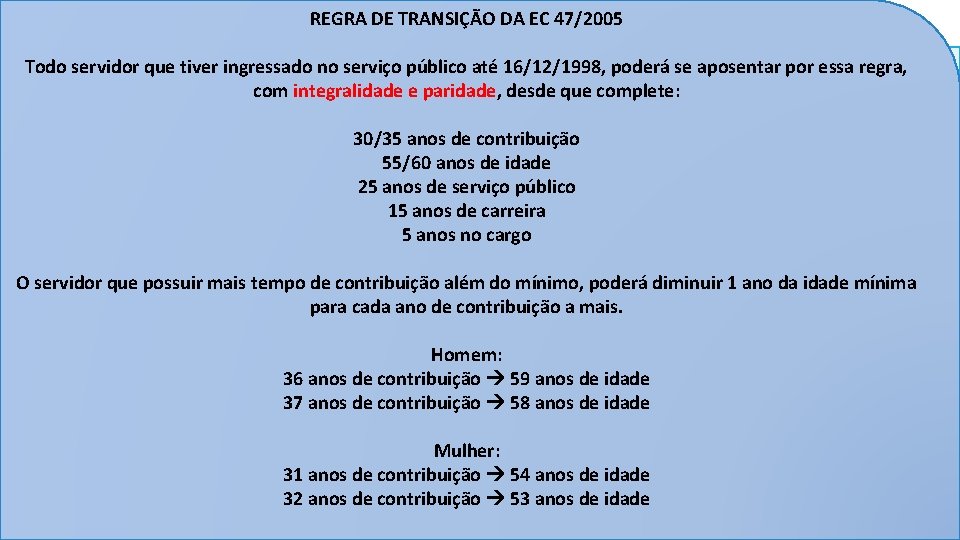 16/12/1998 REGRA DE TRANSIÇÃO DA EC 47/2005 31/12/2003 TEXTO ORIGINAL DA CF/88 TEXTO DA