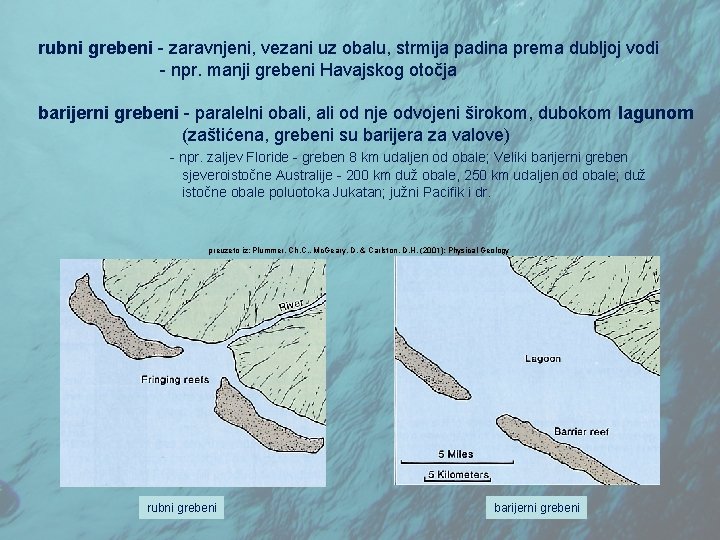 rubni grebeni - zaravnjeni, vezani uz obalu, strmija padina prema dubljoj vodi - npr.