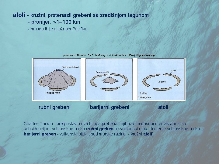 atoli - kružni, prstenasti grebeni sa središnjom lagunom - promjer: <1– 100 km -