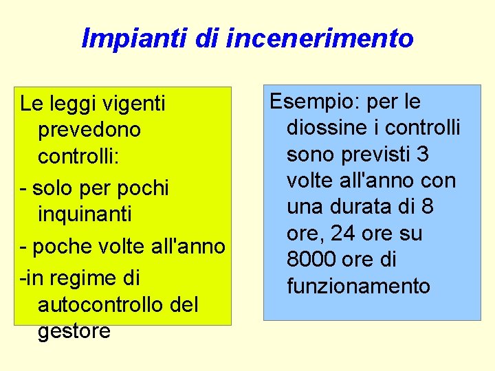 Impianti di incenerimento Le leggi vigenti prevedono controlli: - solo per pochi inquinanti - Impianti di incenerimento Le leggi vigenti prevedono controlli: - solo per pochi inquinanti -
