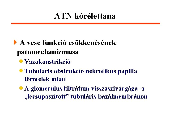 ATN kórélettana 4 A vese funkció csökkenésének patomechanizmusa · Vazokonstrikció · Tubuláris obstrukció nekrotikus