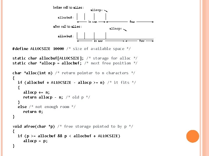 #define ALLOCSIZE 10000 /* size of available space */ static char allocbuf[ALLOCSIZE]; /* storage