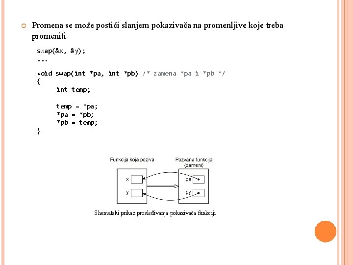  Promena se može postići slanjem pokazivača na promenljive koje treba promeniti swap(&x, &y);