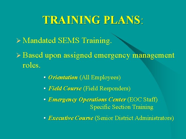 TRAINING PLANS: Ø Mandated Ø Based SEMS Training. upon assigned emergency management roles. • TRAINING PLANS: Ø Mandated Ø Based SEMS Training. upon assigned emergency management roles. •