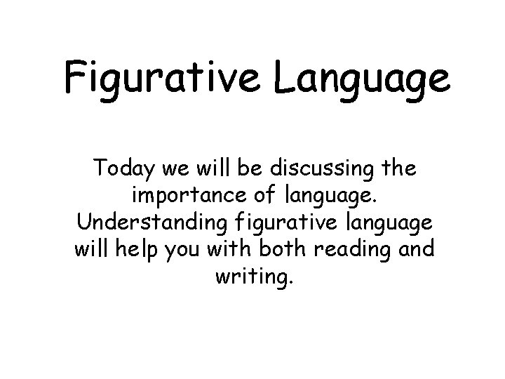 Figurative Language Today we will be discussing the importance of language. Understanding figurative language