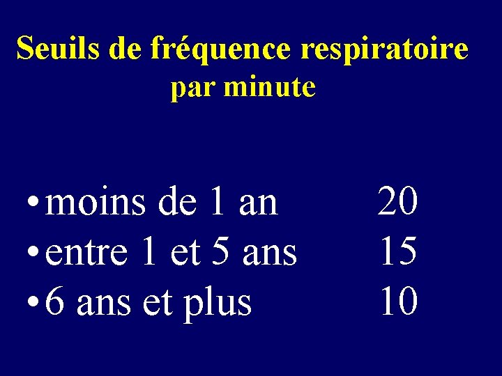 Seuils de fréquence respiratoire par minute • moins de 1 an • entre 1