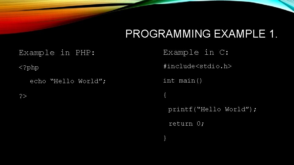 PROGRAMMING EXAMPLE 1. Example in PHP: Example in C: <? php #include<stdio. h> echo PROGRAMMING EXAMPLE 1. Example in PHP: Example in C: <? php #include<stdio. h> echo