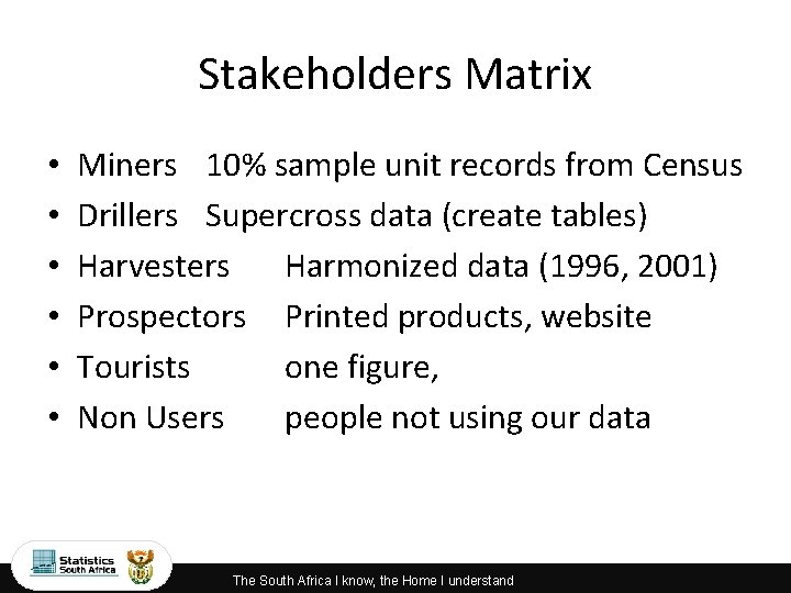 Stakeholders Matrix • • • Miners 10% sample unit records from Census Drillers Supercross