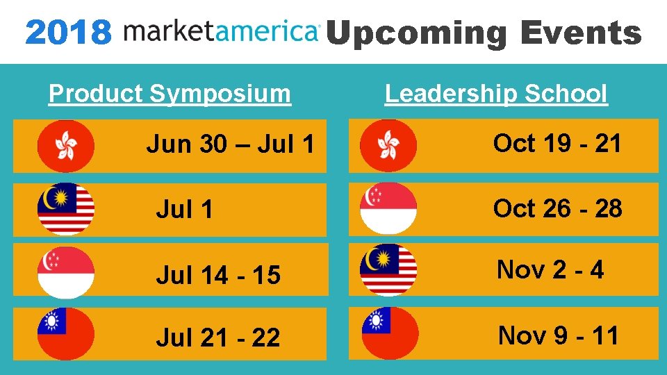 2018 Upcoming Events Product Symposium Jun 30 – Jul 1 Leadership School Oct 19