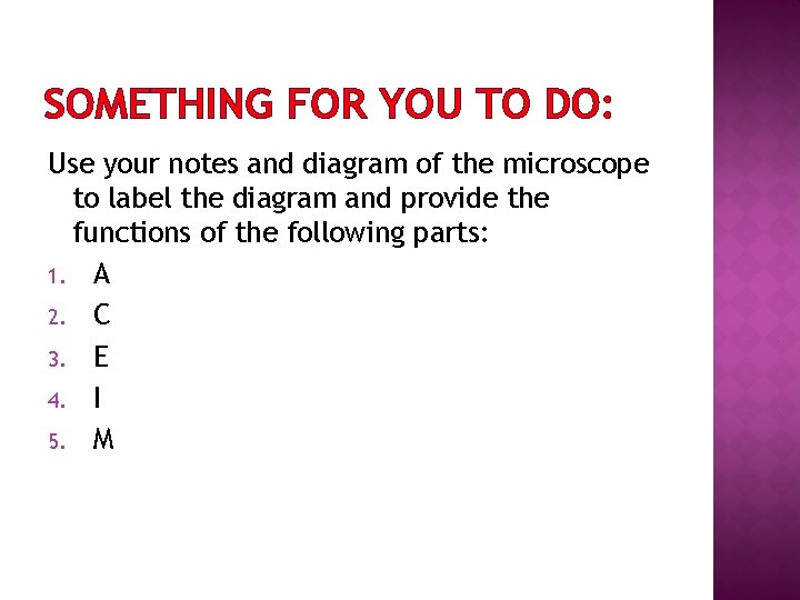 SOMETHING FOR YOU TO DO: Use your notes and diagram of the microscope to