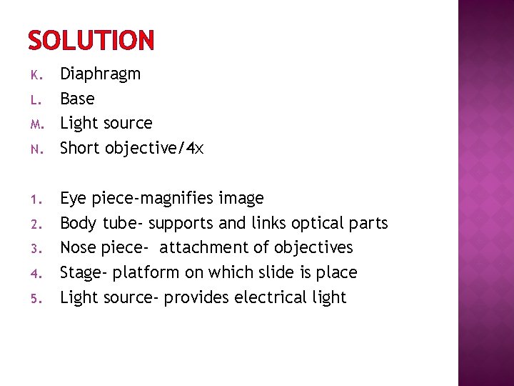 SOLUTION K. L. M. N. 1. 2. 3. 4. 5. Diaphragm Base Light source