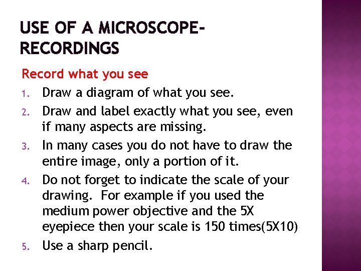 USE OF A MICROSCOPERECORDINGS Record what you see 1. Draw a diagram of what